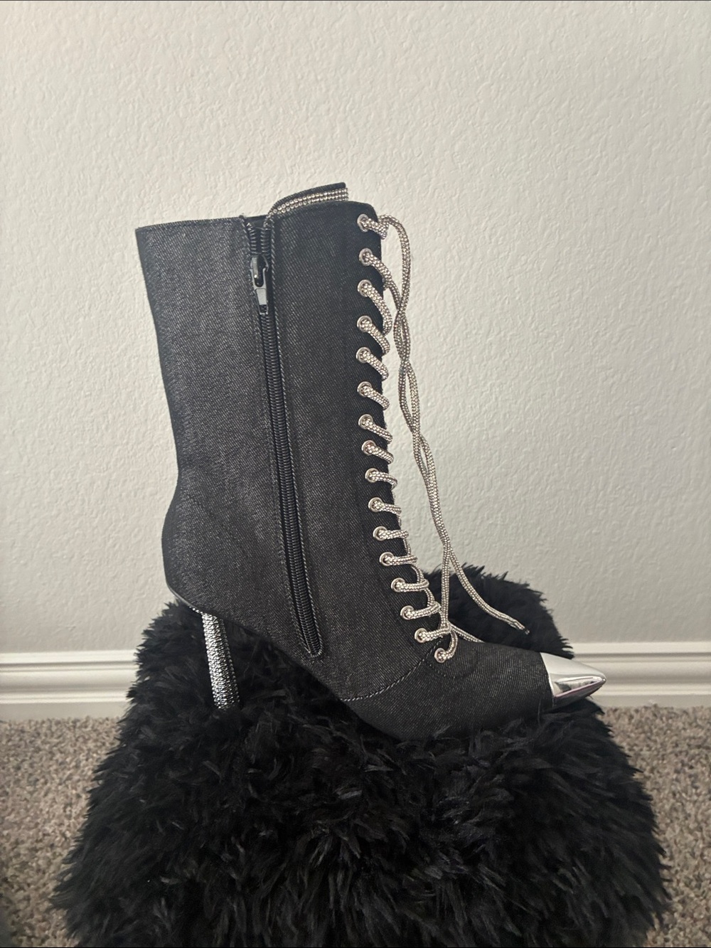 Mata Shoes Black Denim Lace-Up Ankle Boot with Rhinestone Heel